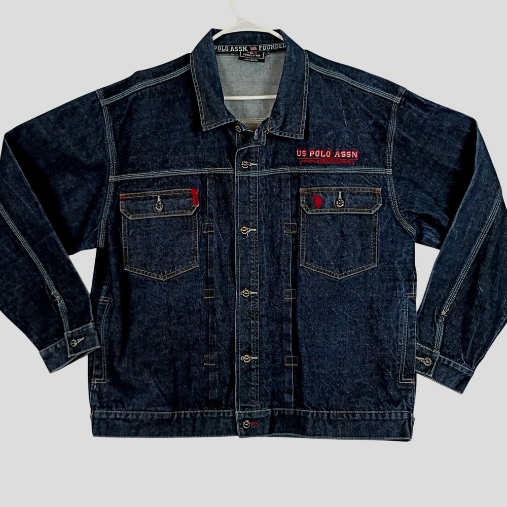 Vintage US Polo Assn Denim Jacket Trucker Mens L* Oversized Dark Wash 90s Street